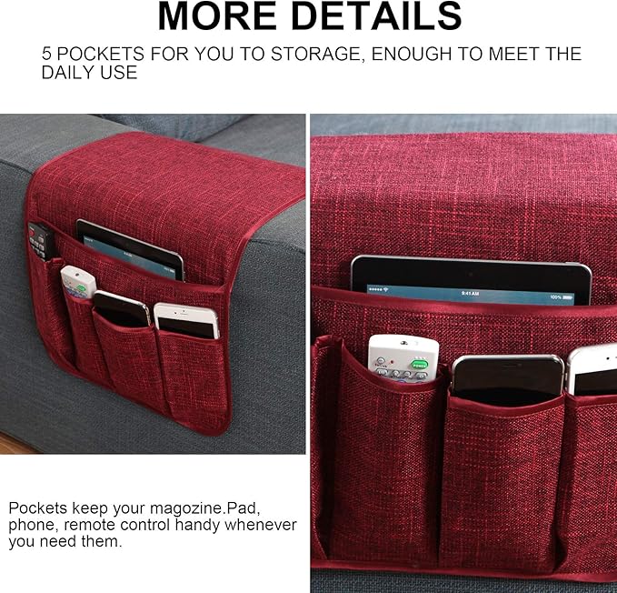 Sofa Armrest Organizer Non-Slip Remote Control Holders for Recliner Couch Chair Armchair Caddy with 5 Pockets for Table,Cell Phone,Ipad,Magazines,Books (13x35In, WineRed)