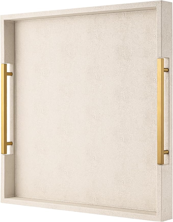 Beige Faux Leather Serving Tray with Handles – Large Decorative Tray for Coffee Table, Ottoman, Living Room, Bathroom – Home Decor