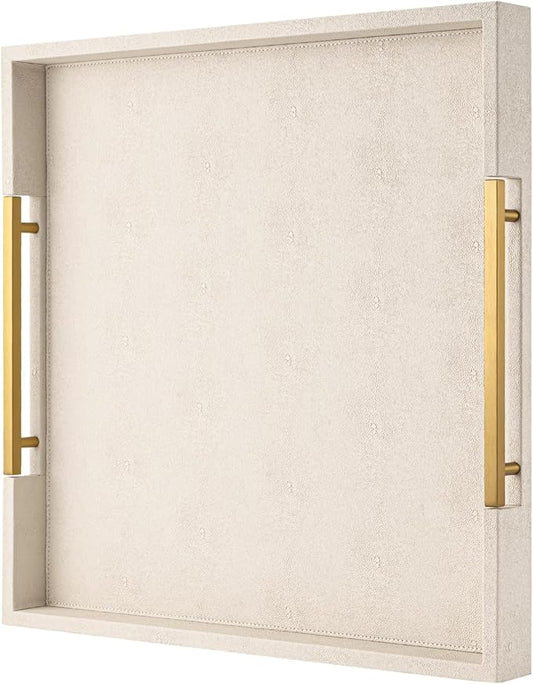 Beige Faux Leather Serving Tray with Handles – Large Decorative Tray for Coffee Table, Ottoman, Living Room, Bathroom – Home Decor