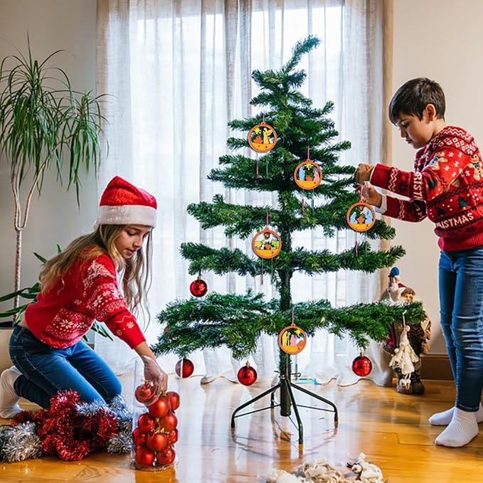 Fennoral 12 Pack Christmas Nativity Wind Chimes Kit for Kids Make Nativity Craft for Kids DIY Coloring Wooden Craft for Christmas Christian Religious Ornaments Christmas Party Decoration