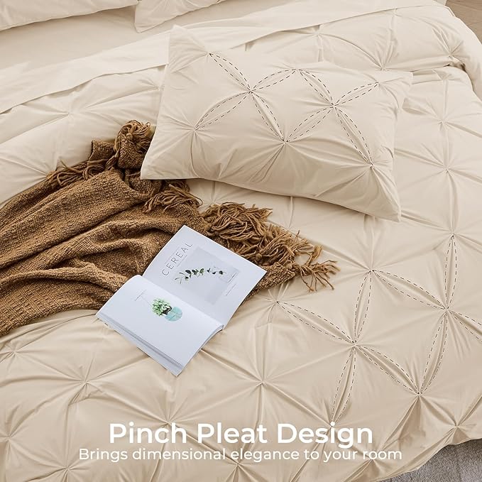Sasttie California King Comforter Set, 7-Piece Bed in a Bag Cal King, Pintuck Bedding Set for All Season, Includes Comforter, Flat Sheet, Fitted Sheet, Pillowcases and Pillowshams, Warm Beige