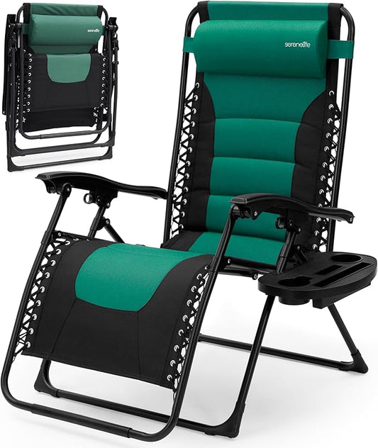 SereneLife Outdoor Adjustable Zero Gravity Lounge Chair Recliner with Foldable Design, Side Table, Cup Holder, Padded Headrest, Weather-Resistant Steel Frame, Breathable Fabric Green and Black