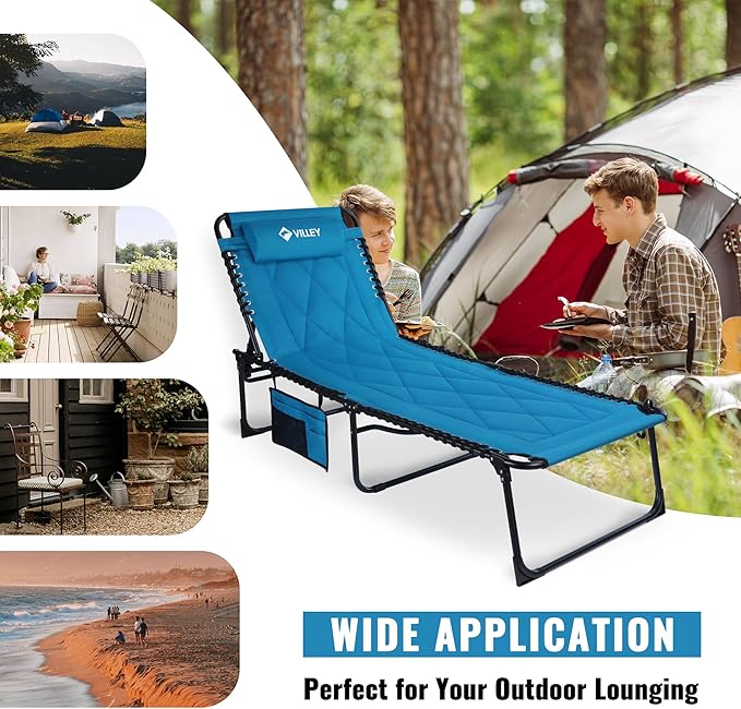 VILLEY Oversized Padded Chaise Lounge with Cushion, Foldable Camping Cot, Patio Reclining Lounge Chairs, Folding Sleeping Bed for Outdoor, Indoor, Backyard, Garden, Camping, Relaxing, Beach Tanning