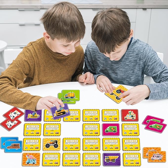 gisgfim 50 Pairs Memory Matching Game for Kids Trucks Concentration Games for Preschool Educational Ages 4-8 A Fun & Fast Vehicle Theme Memory Matching Games