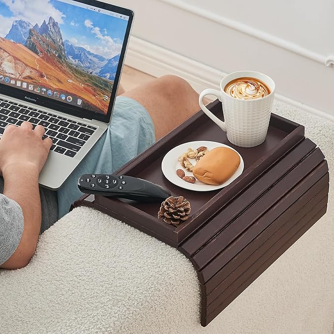 Bamboo Sofa Arm Tray, Anti Falling Couch Arm Tray Table, Foldable Couch Armrest Table, Portable Sofa Armrest Trays Cup Holder for Drink, Cups, Phone, Snacks, Remote