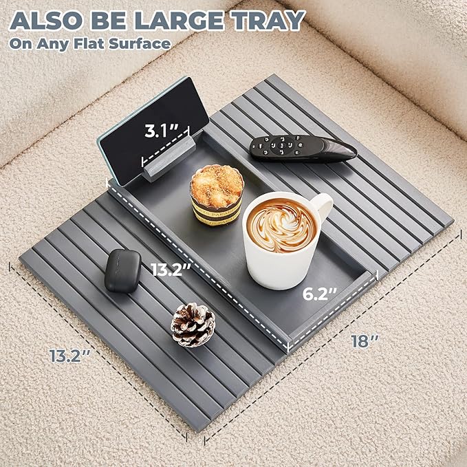 Bamboo Sofa Arm Tray, Anti Falling Couch Arm Tray Armrest Table with 360° Rotating Phone Holder, Foldable and Portable Sofa Armrest Trays Cup Holder for Drink,Cups, Phone, Snacks, Remote
