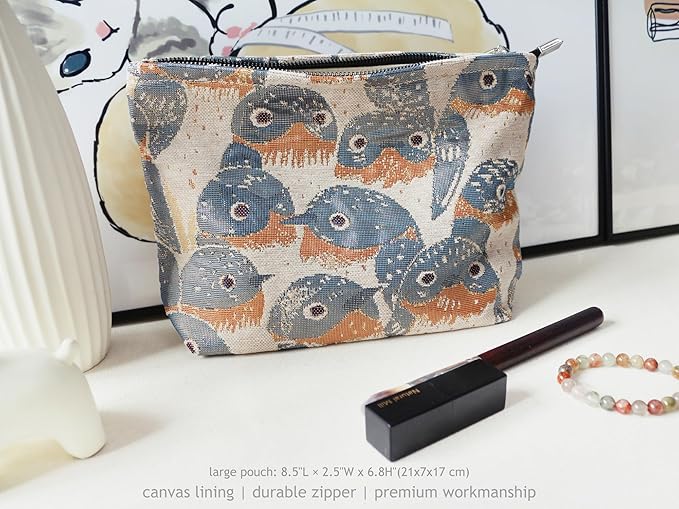 HAPPYHEIDI Cute Canvas Makeup Bag Cosmetic Toiletry Travel Pouch Car Handbag Organizer, Jacquard Golden Hirundo Rustica, Creamy Beige