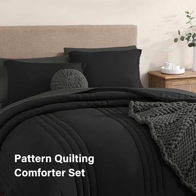 Monbix Full Comforter Set - 7 Pieces Black Bed in a Bag Full Size Bedding Sets with Comforters, All Seasons Comforter with Sheets, Pillowcases & Shams