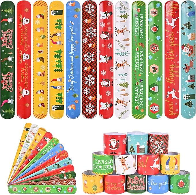 GlyinnHe 48Pcs Christmas Slap Bracelets, Xmas Snap Bracelet Snata Claus Reindeer Wristband for Party Favors Gift Bag Filler School Prizes