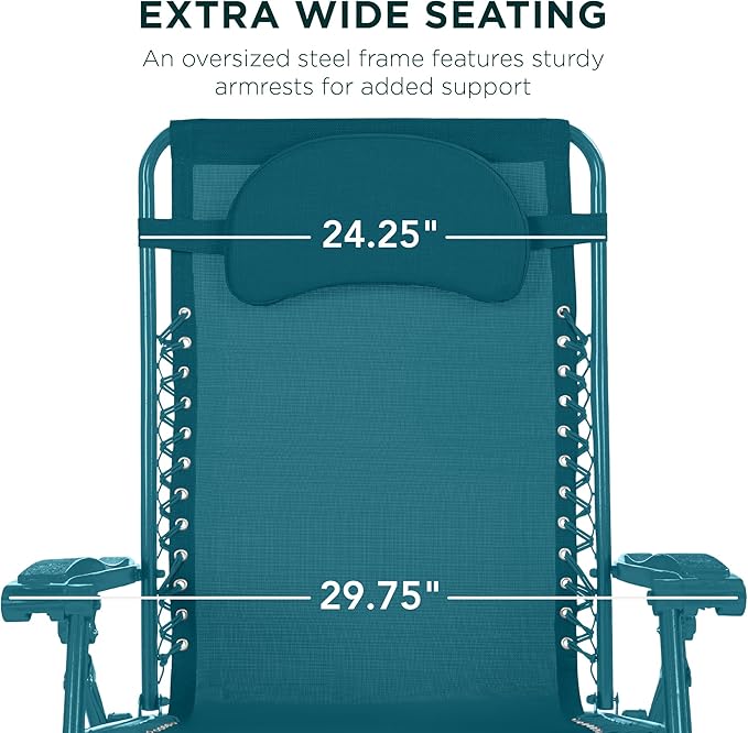 Best Choice Products Oversized Zero Gravity Chair, Folding Outdoor Patio Lounge Recliner w/Cup Holder Accessory Tray, Pillow - Peacock