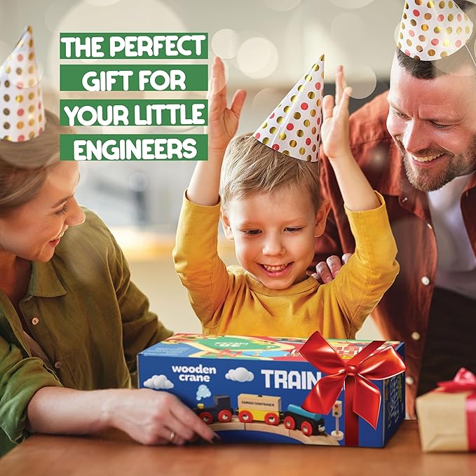 Play22 Wooden Train Set Toddler Toys - 38 Pieces Wood Train Track Set for Toddlers 3-4 Years with Crane, Bridge & Accessories