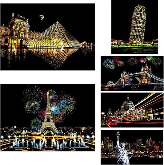 Georgie Porgy Scratch Paper Art A3 Set DIY Arts and Crafts Kits for Kids Adults, Magic Rainbow Scratch Postcard for Christmas Birthday Gift with Scratching Tools Kit (Paris + Louvre)