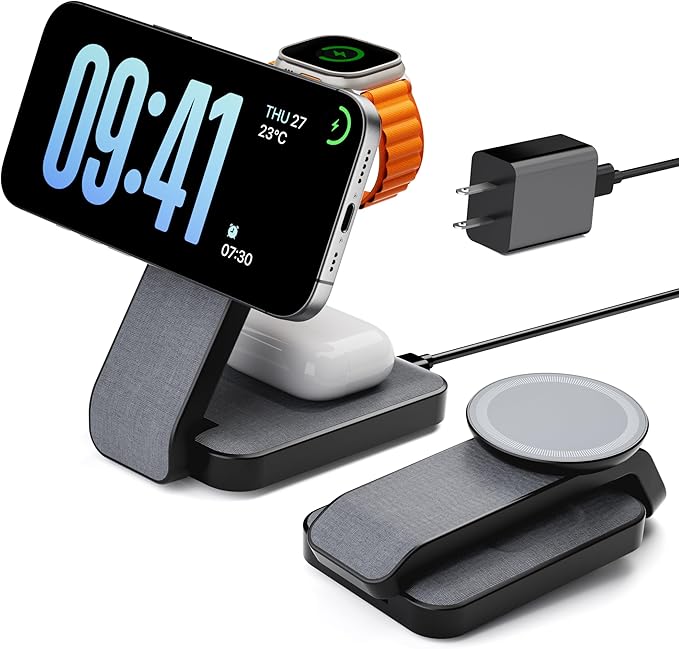 3 in 1 Foldable Wireless Charging Station for MagSafe, Nightstand Magnetic Charger Stand for iPhone 17 16 15 14 Pro Max, Travel Charging Dock with Night Light for Apple Watch/AirPods (Black)