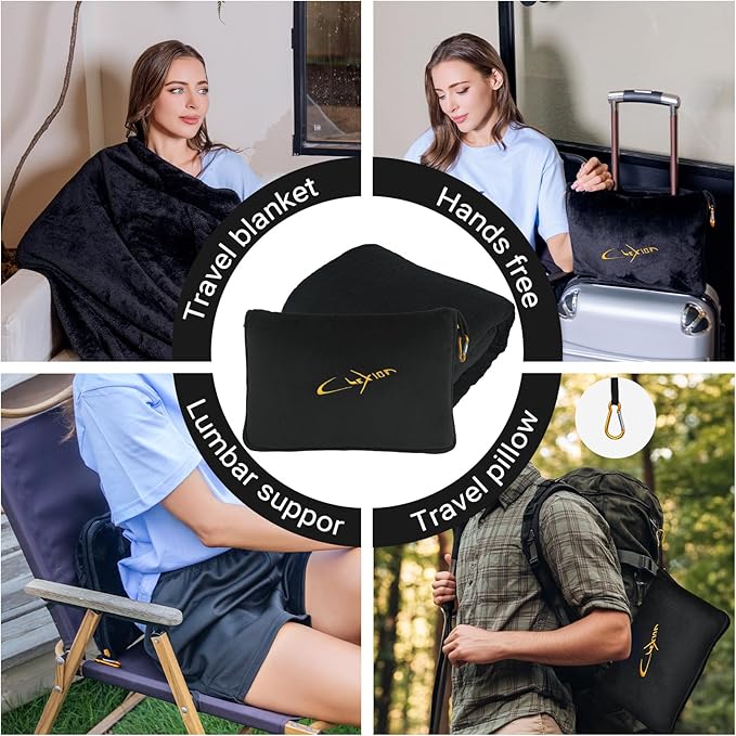 CLEXION Travel Blanket & Pillow Set, 300 GSM Soft Fleece, 60x43 Inches, 3-in-1 Airplane Blanket, Travel Pillow and Blanket Set, Travel Blanket Airplane Compact with Bag, Travel Essentials, Black