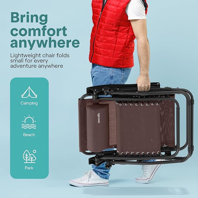 SereneLife Outdoor Zero Gravity Lounge Chair Set with Table – 2 Adjustable Recliners with Cup Holders, Headrest, Steel Frame & Foldable Design for Patio, Pool, Garden, or Camping