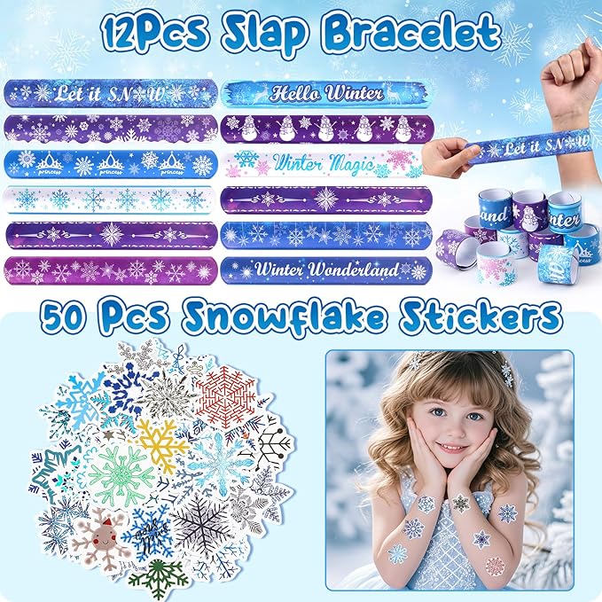 Frozen Party Favors Birthday Supplies Frozen Ribbon Wand Princess Tiara Crown Diamond Ring Slap Bracelet Sticker Snowflake Winter Elsa Party Favors Goodie Bags Stuffers Birthday Party Decorations