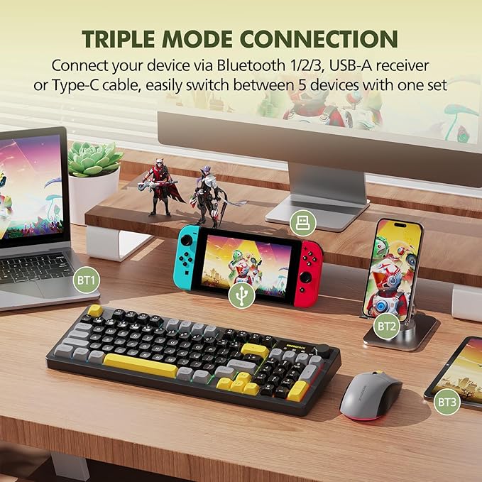 Wireless Keyboard and Mouse Combo Creamy with Number Pad for Desktop Mac iPad Bluetooth/2.4ghz/Wired Rechargeable Light up RGB Quiet Compatible with PC Laptop Tablet (Black)