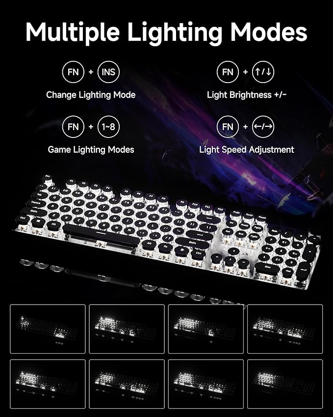EWEADN Typewriter Style Mechanical Keyboard, Wired Typewriter Keyboards,104 Keys Backlit LED Metal Keyboards, Media Control Knob, Wired Computer Keyboard White Switch for Windows/Mac/PC-White