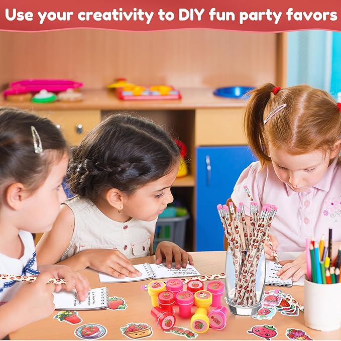 Colarr 161 Pcs Strawberry Party Favors School Stationery Set Includes Gift Cup Notebook Pencil Sharpener Eraser Keychain Stamp Slap Bracelet Sticker Card Valentine's Day gift for kids Child Supplies