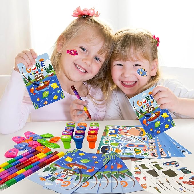 72 Pcs Gone Fishing Party Coloring Book with Crayons Bulk,Summer Fishing Party Favors Goodie Bags Fillers,Little Fisherman Birthday Party Supplies Face Stickers Tattoo Prizes Gift for Summer Party