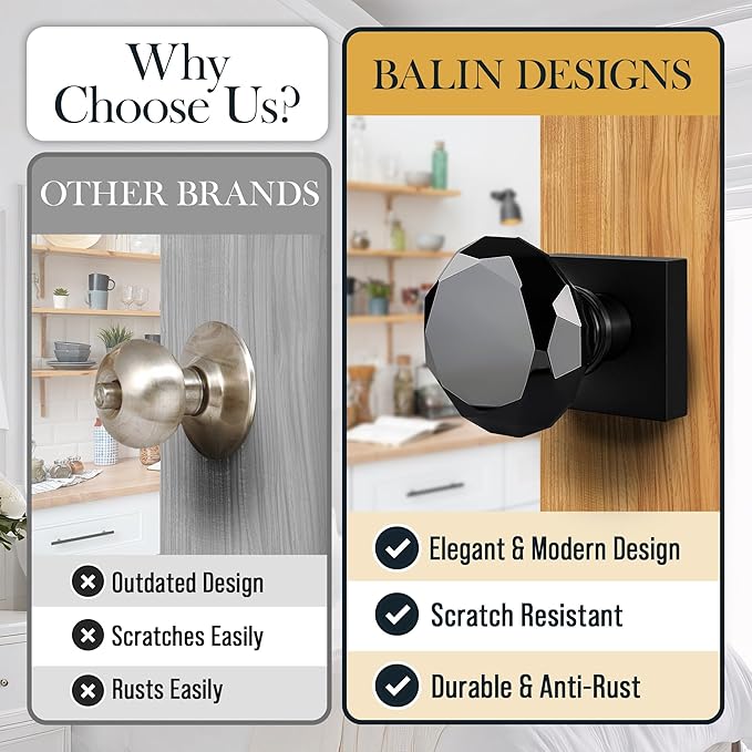 Black Crystal Door Knob, Square Base, Glass Door Knobs Interior Non-Locking Set, Antique Decorative Vintage Style for Hallway, Closet, Passage Doors, 1 Pack