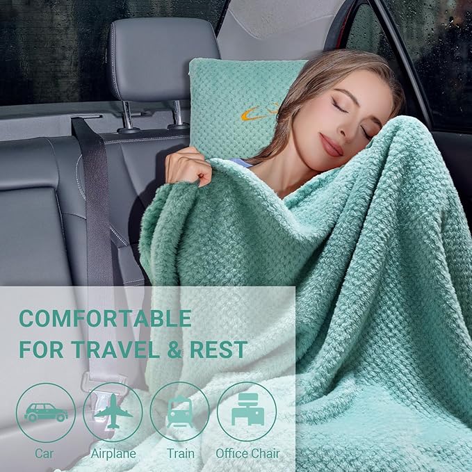 CLEXION Travel Blanket Pillow-Premium Soft 2 in 1 Airplane Blanket for Long Trips Essentials with Bag Pillowcase, Hand Luggage Sleeve and Backpack Clip (Mint Green)