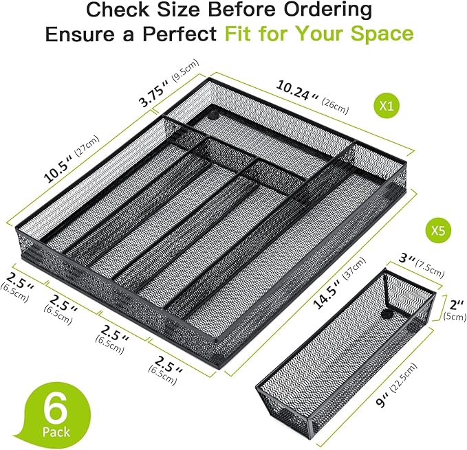 Neudeco Drawer Organizer Set 6 Pack - 5-Compartment Silverware Organizer Tray + 5 Utensil Trays, Kitchen Drawer Organizer for Flatware, Cutlery, Office Supplies, Black Mesh, Non-Slip.