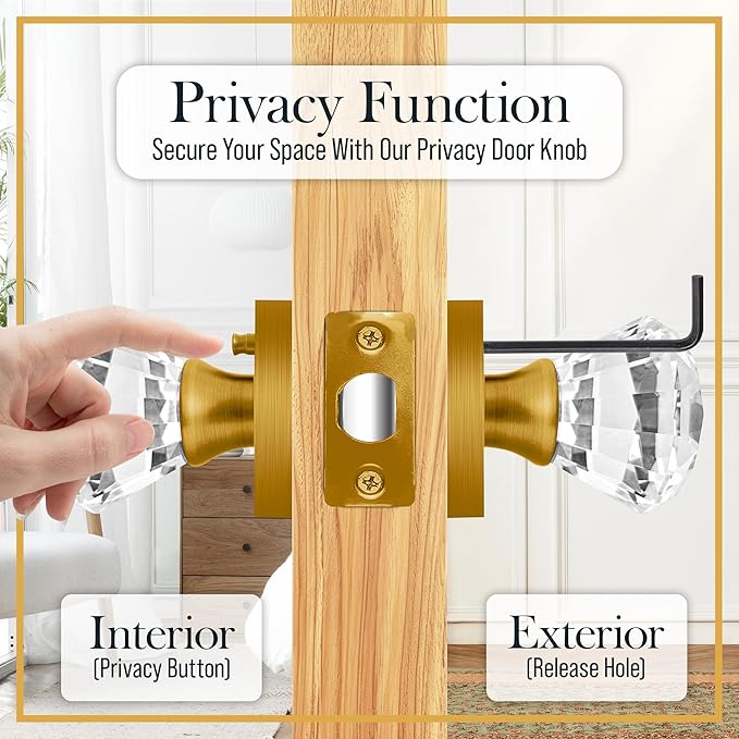 Antique Brass Crystal Door Knobs with Lock, Square Base, Glass Door Knobs Interior Privacy Set, Brass Vintage Decorative Antique Style Handle for Bedroom, Bathroom, Closet, 1 Pack