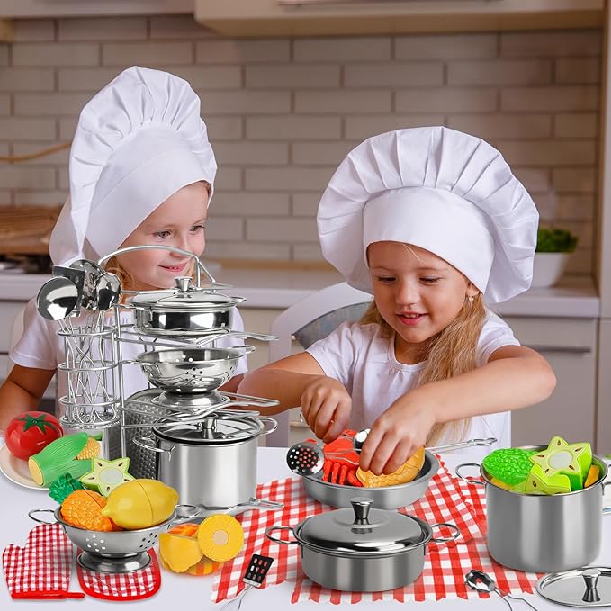 95PCS Kids Pretend Play Kitchen Toys Accessories,Kids Kitchen Playset,Stainless Steel Cookware Pots and Pans Cooking Toys,Pretend Cutting Play Food Set for Kid Kitchen