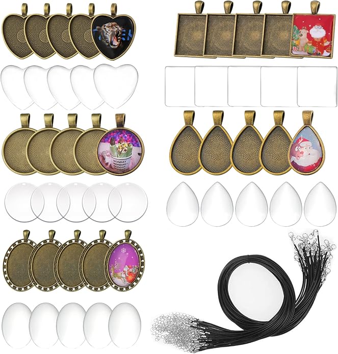 Bezel Pendant Trays Gold and Sliver, Rhinestone Bezel Pendants Trays for DIY Jewelry Craft Making, Picture Necklace Pendant Trays with Clear Glass Cabochons and Chains