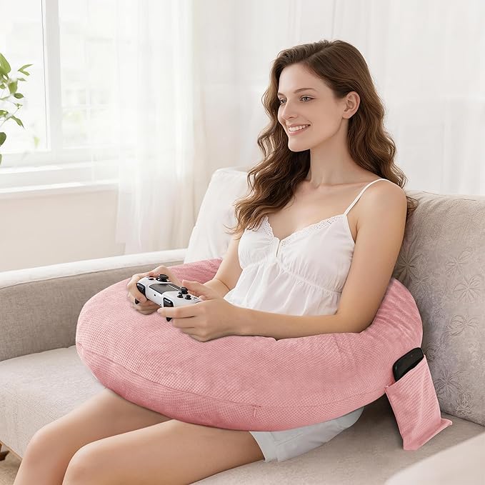 DWCN Reading Pillow for Gaming, Gaming Pillow for Lap Support with Side Pocket & Back Strap for Bed, Sofa, Floor - Arm Rest Pillow for Playing, Working, Sitting, Crocheting (Pink)