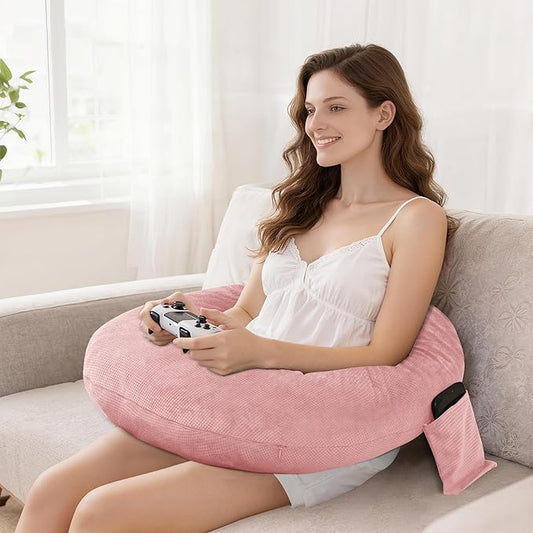 DWCN Reading Pillow for Gaming, Gaming Pillow for Lap Support with Side Pocket & Back Strap for Bed, Sofa, Floor - Arm Rest Pillow for Playing, Working, Sitting, Crocheting (Pink)