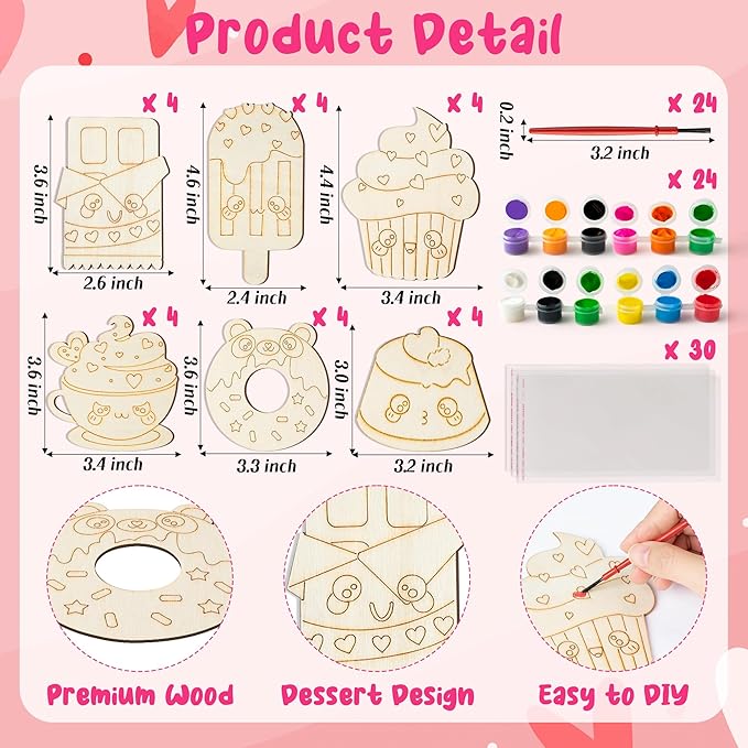 CJiangpo 24 Pack Valentine’s Day Dessert Wood Painting Craft Kits, Valentines Cards with Watercolor Paint Bulk for Boys Girls, Color Your Own Wooden Craft Kids Classroom Exchange Gift Party Favors