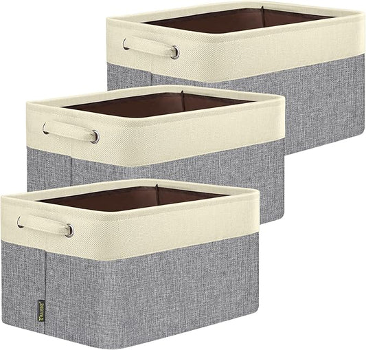 BALEINE 3 Pack Fabric Storage Bins for Shelves, Linen Storage Baskets for Organizing, Decorative Closet Bins for Clothes, Home (Grey, 15"x11"x9.5")