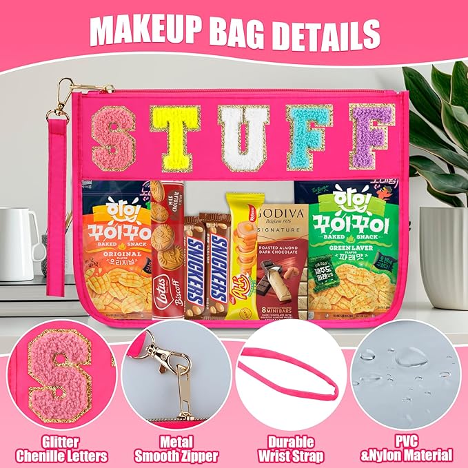 BuyCard 2 Pcs Stuff Bag Cosmetic Makeup Bag with Chenille Letter Patch, Clear Pouch PVC Organizer Purse, Waterproof Travel Bag, Portable Toiletry Storage Bag for Her Girls Friends Women