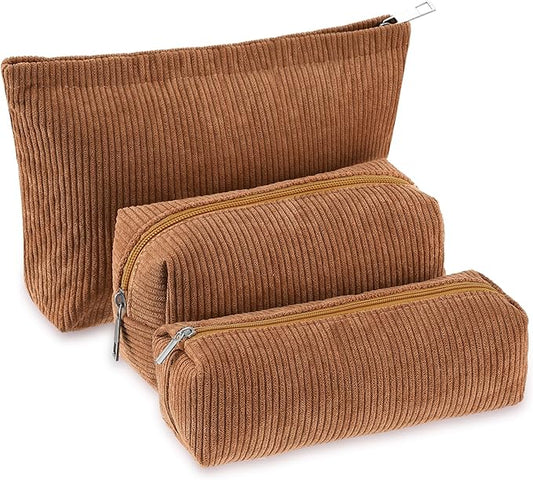 Huhumy 3 Pcs Makeup Bag Set for Women Corduroy Cosmetic Pouch Aesthetic Smile Travel Toiletry Bag Cute Purse Pouch Pencil Case Makeup Brushes Storage Organizer for Valentine(Brown,Solid Style)