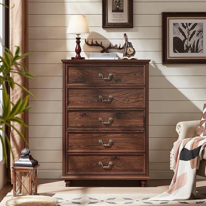 Farmhouse 5 Drawer Dresser for Bedroom, 45" Tall Rustic Chests of Drawers w/ 4 Solid Wood Feet, Mid Century Modern Wooden Closet Storage Dressers Organizer for Living Room, Hallway, Brown