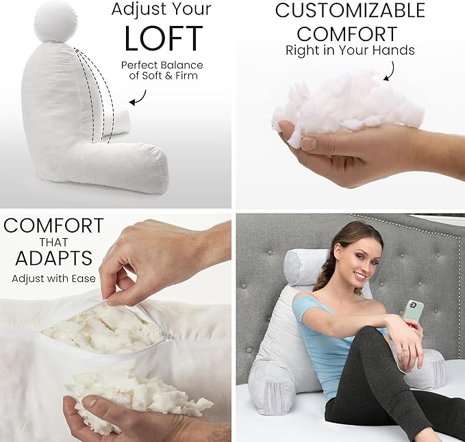 Husband Pillow Medium Light Grey, Backrest for Kids, Teens, Petite Adults - Reading Pillows with Arms, Adjustable Loft, Plush Memory Foam, Bed Rest Chair Sitting Up, Detach Neck Roll, Removable Cover