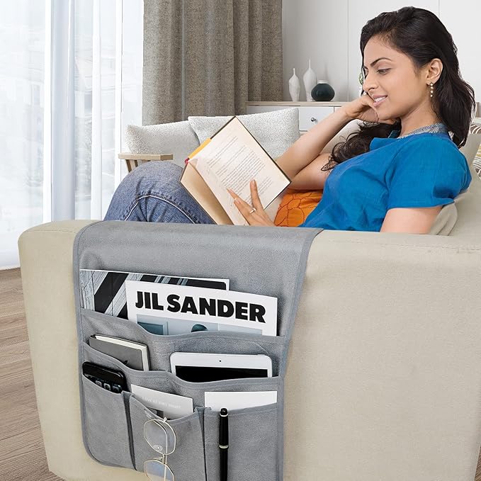 Teniux Remote Control Holder Faux Leather Armrest Organizer with 6 Pockets for Recliner Couch Sofa, Armchair Caddy for Smart Phone, Book, Magazines, Ipad, Remotes (Grey)