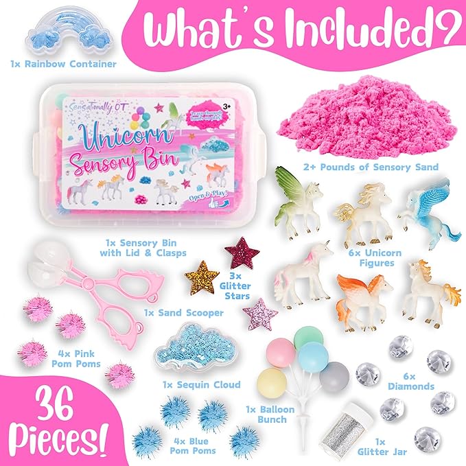 38 PCS Unicorn Sensory Sand Bin-Magic Sand, Sensory Bin for Toddlers & Sand Scooper-Count Sparkly Pom-Poms, Bring Unicorns to Life in a Magical Fairytale-Ideal Gift for Kids