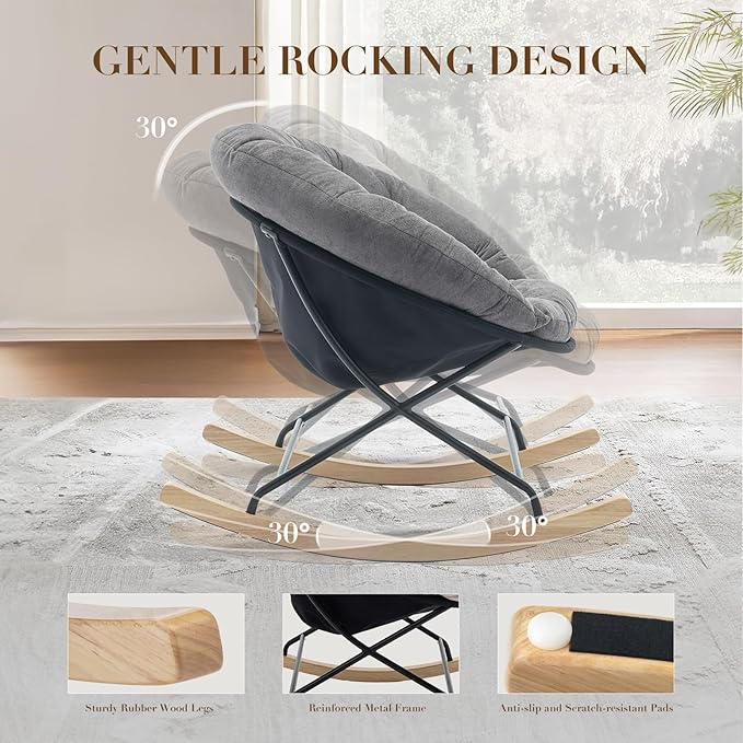 COLAMY Nursery Rocking Chair, Indoor Glider Rocker Living Room Chair with Comfy Cushions, Wood Base and Metal Legs for Bedroom, Office, Grey