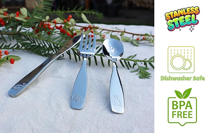 Exzact Kids Flatware 6 Pieces Stainless Steel Children Silverware 2 x Forks, 2 x Knives, 2 x Spoons,Toddler Utensils, Dishwasher Safe, 24 Months+ (Dinosaurs Engraved)