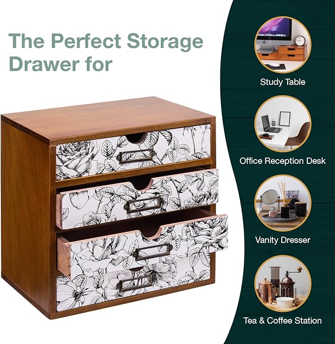 Vintage Desk Organizer with 4 Black & White Floral Drawers - Wooden Storage Shelf Drawer for Tabletop - Wood Desktop Organizing Box Cabinet - Black & White Monochrome Botanical Toile de Jouy