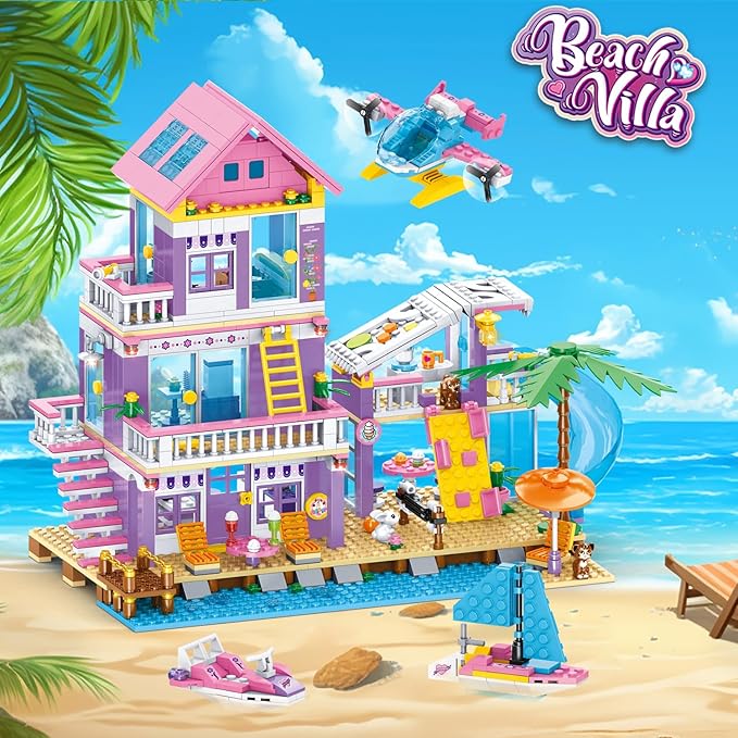 955 Piece Beach House Building Set,Seaside Beach Villa Building Toys Friends Vacation Hut Blocks Set,STEM BuildingToys with Helicopter,Yacht,Sailboat,Christmas Birthday Gift for Girl Age 6-12+