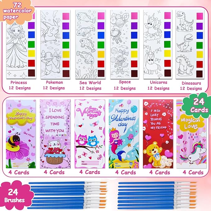 JUNQIU 24 Pack Valentines Day Cards For Kids School, Watercolor Coloring Book Set, Valentines Day Gifts For Kids Classroom Exchange, Paint Party Favors Valentines Crafts