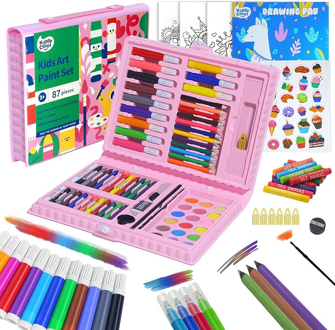 KIDDYCOLOR Kids Art Set, Drawing Art Supplies for Girls & Boys Ages 4-8 with Watercolor Cakes, Oil Pastels, Colored Pencils, Ideal Gift for Young Artist, Pink-87pcs
