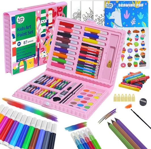 KIDDYCOLOR Kids Art Set, Drawing Art Supplies for Girls & Boys Ages 4-8 with Watercolor Cakes, Oil Pastels, Colored Pencils, Ideal Gift for Young Artist, Pink-87pcs