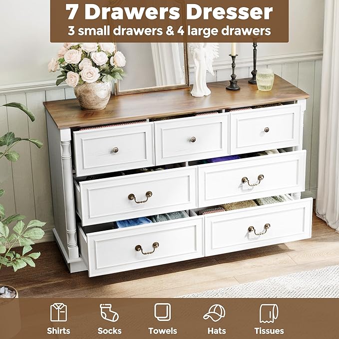 Fkhouse 52" Farmhouse 7 Drawer Dresser for Bedroom,Tall Wide Wood Country Rustic Chest of Drawers,Column Decor,Retro Handle,Natural Texture,Wood Vintage TV Stand,Antique White