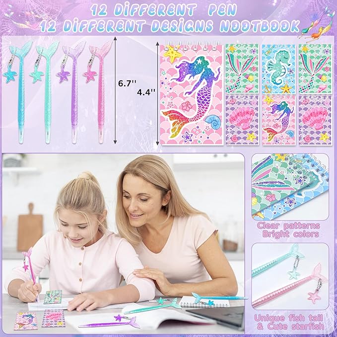 132 Pcs Mermaid Party Favors, Mermaid Birthday Party Favorsfor Kids with Mini Notebooks Pens Slap Bracelets Rings Hairpin Stampers Stickers Bags for Girls Mermaid Birthday Party Decorations Supplies