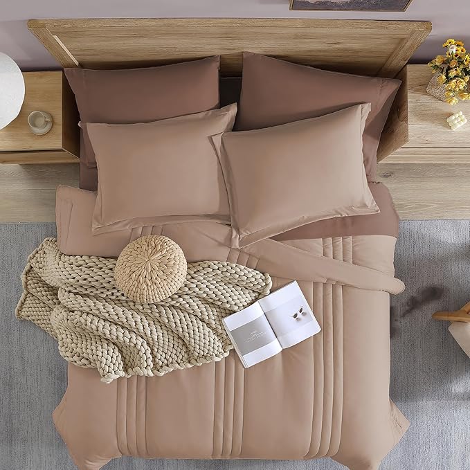 Monbix Queen Comforter Set - 7 Pieces Rust Pink Bed in a Bag Queen Bedding Sets with Comforters, All Seasons Comforter Bed Set with Sheets,Pillowcases & Shams